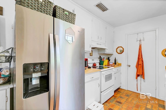 45 Caisson Trce, Spanish Fort, AL 36527 - kitchen featuring stainless steel refrigerator with ice dispenser, white electric range, under cabinet range hood, brick flooring, and light countertops
