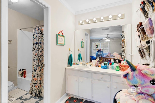 45 Caisson Trce, Spanish Fort, AL 36527 - full bath featuring vanity, crown molding, a ceiling fan, shower / tub combo, and tile patterned flooring