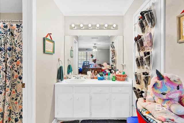 45 Caisson Trce, Spanish Fort, AL 36527 - bathroom featuring a ceiling fan, vanity, and ornamental molding