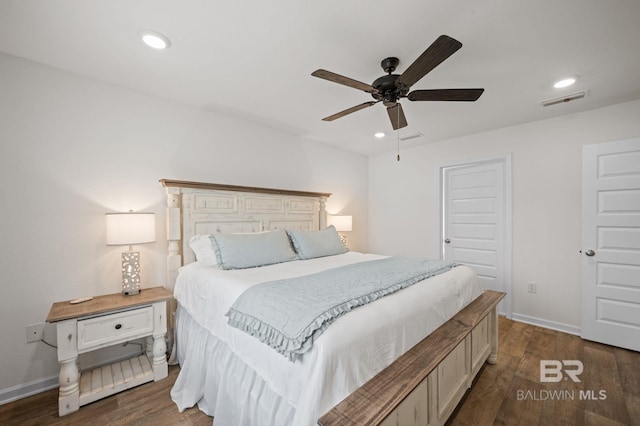17208 Muse St, Loxley, AL 36551 - bedroom with dark wood-style floors, recessed lighting, baseboards, and a ceiling fan