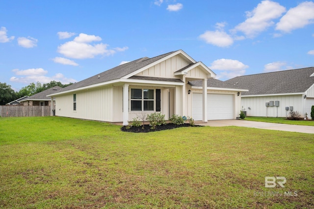 17208 Muse St, Loxley, AL 36551 - ranch-style house featuring concrete driveway, a garage, a shingled roof, and board and batten siding