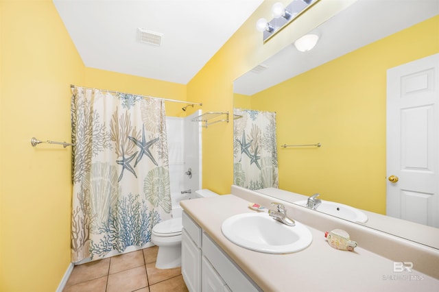 bathroom featuring shower / bath combo, visible vents, toilet, tile patterned floors, and vanity