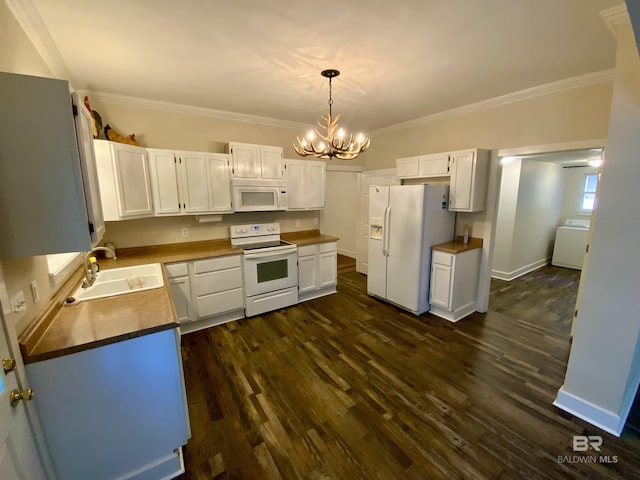 kitchen featuring sink, dark hardwood / wood-style floors, a notable chandelier, white appliances, and white cabinets