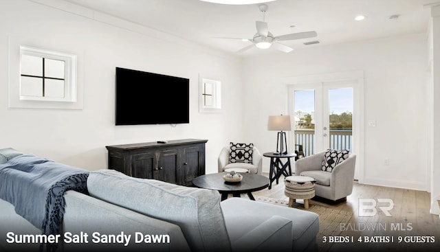 2760 Salt Dr, Orange Beach, AL 36561 - living area featuring visible vents, baseboards, recessed lighting, a ceiling fan, and wood finished floors