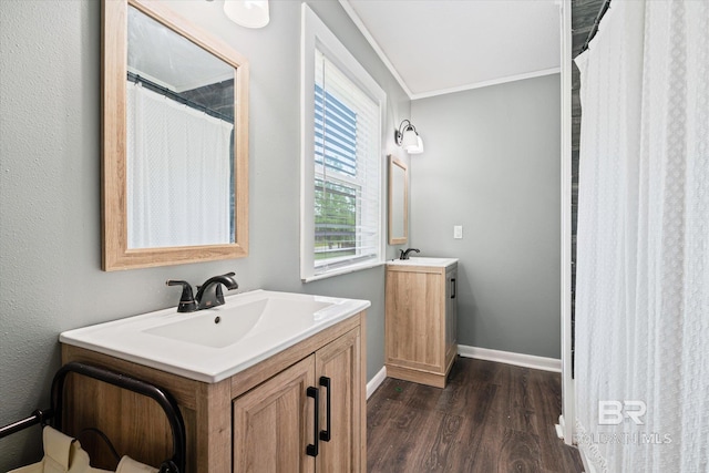 bathroom with crown molding, vanity, and hardwood / wood-style floors