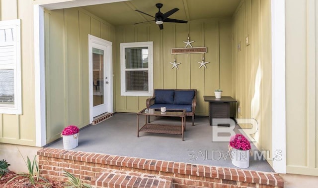 view of patio featuring ceiling fan