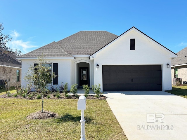 view of front of home with a garage and a front lawn