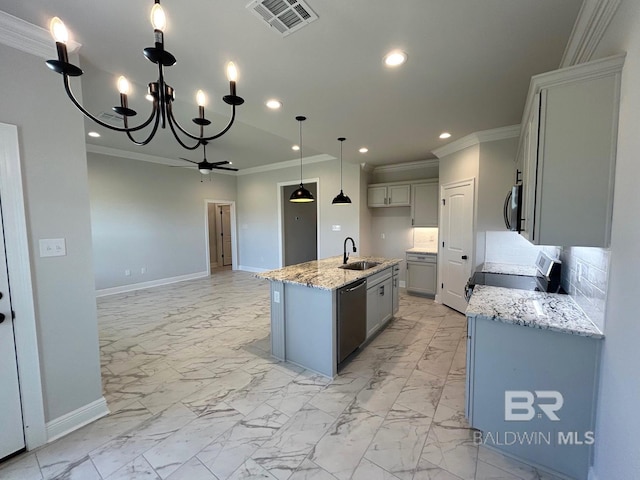 kitchen with crown molding, pendant lighting, a chandelier, a kitchen island with sink, and appliances with stainless steel finishes