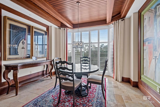 dining room with wood ceiling and a chandelier