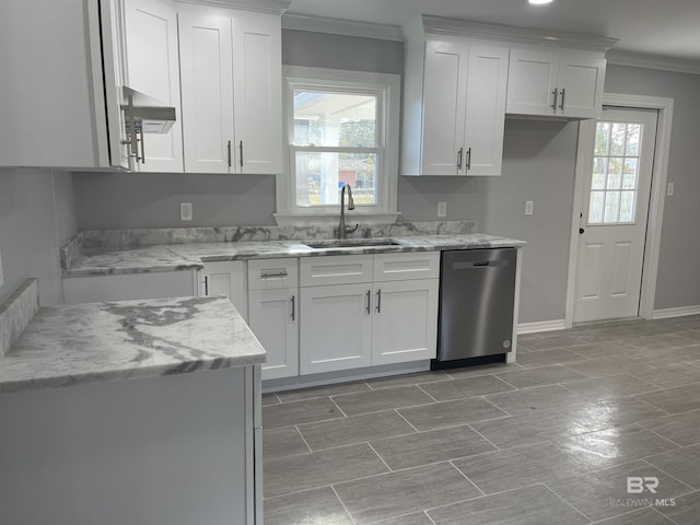 kitchen with white cabinetry, sink, stainless steel dishwasher, and ornamental molding