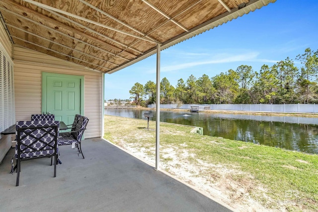 view of patio featuring a water view