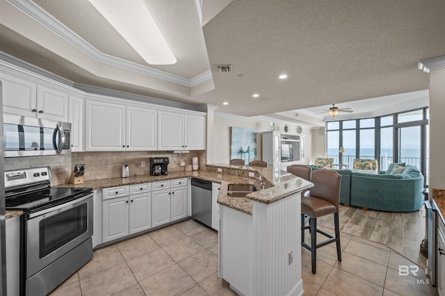 kitchen featuring a tray ceiling, a breakfast bar, appliances with stainless steel finishes, a sink, and a peninsula