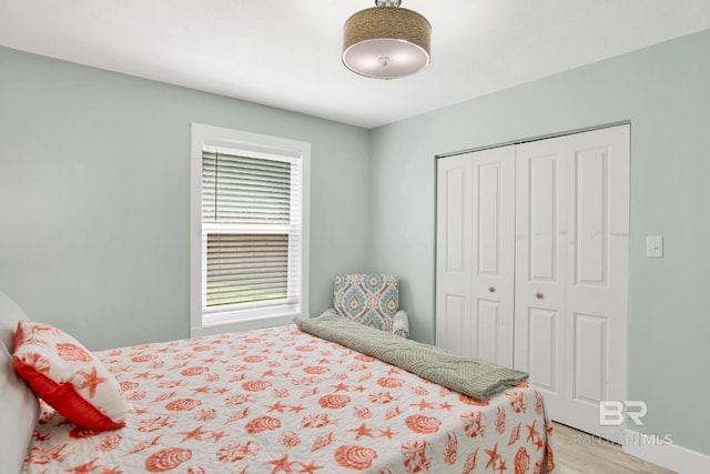bedroom with wood finished floors and a closet