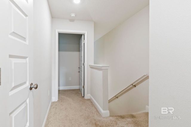 hall featuring light colored carpet