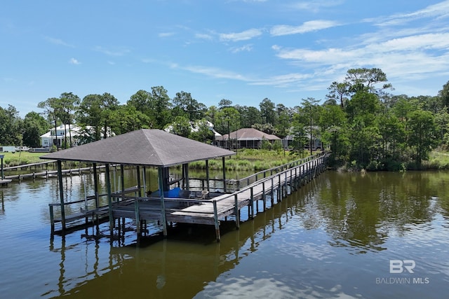 8585 Bay Harbor Rd, Elberta, AL 36530 - dock area with boat lift, a water view, and view of scattered trees