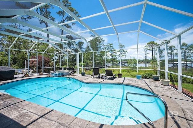 8585 Bay Harbor Rd, Elberta, AL 36530 - view of pool with glass enclosure, a patio area, and a pool with connected hot tub
