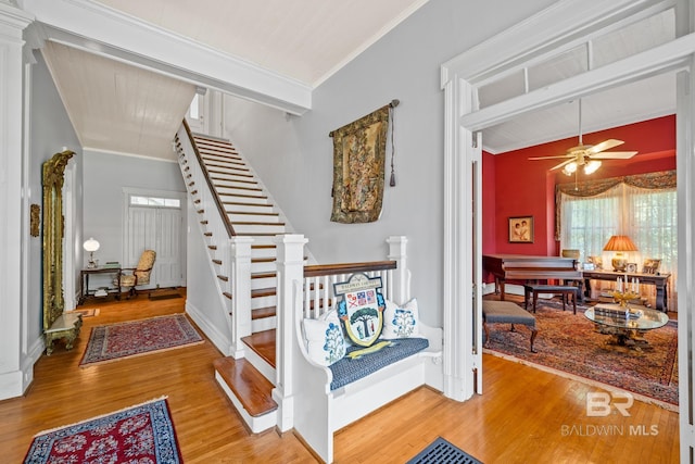 stairs with hardwood / wood-style floors, ceiling fan, and ornamental molding