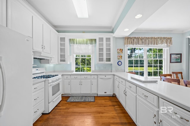 kitchen with white cabinetry, premium range hood, hardwood / wood-style floors, white appliances, and ornamental molding