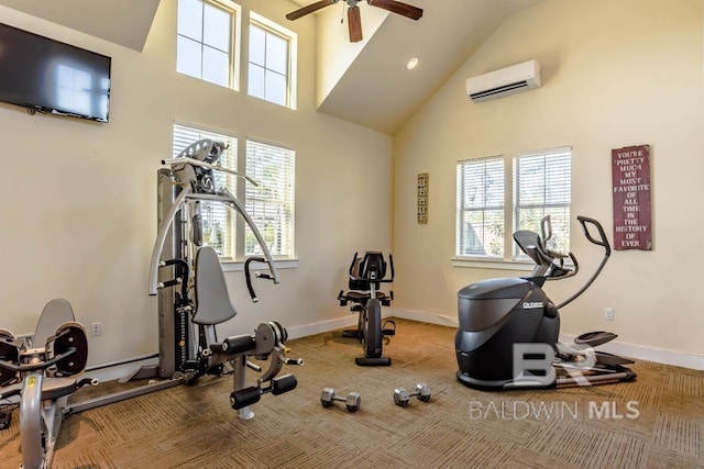 12786 Waxwing Ave, Spanish Fort, AL 36527 - workout room with a wall mounted AC, high vaulted ceiling, ceiling fan, and carpet