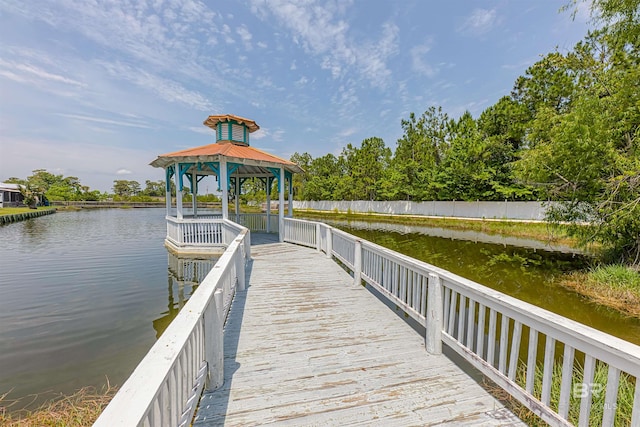 dock area featuring a water view and a gazebo