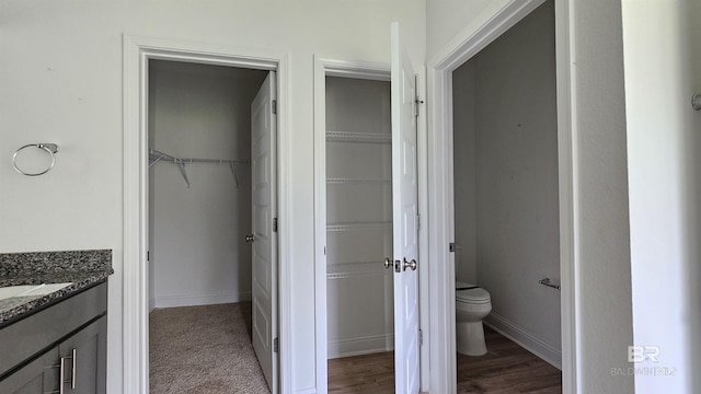 1897 Carly St, Foley, AL 36535 - bathroom featuring toilet, vanity, a spacious closet, baseboards, and wood finished floors