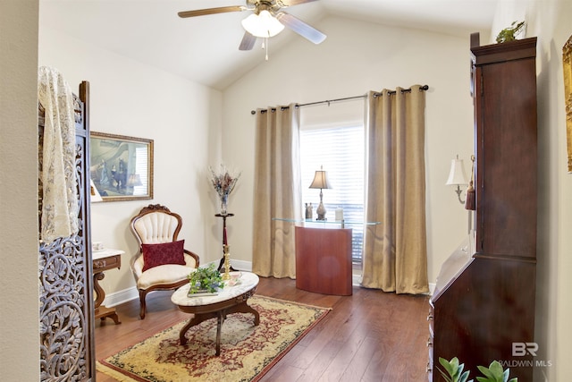 7091 Rocky Road Loop, Gulf Shores, AL 36542 - living area featuring a ceiling fan, lofted ceiling, and wood-type flooring