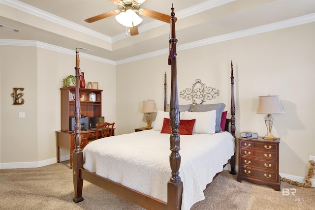 7091 Rocky Road Loop, Gulf Shores, AL 36542 - bedroom featuring ornamental molding, carpet, visible vents, a tray ceiling, and baseboards