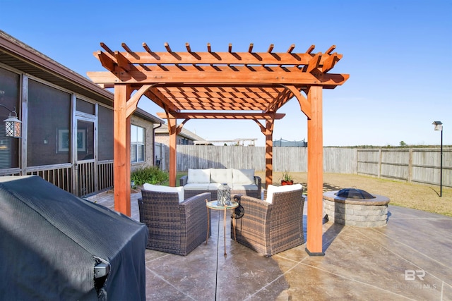 7091 Rocky Road Loop, Gulf Shores, AL 36542 - view of patio with a fenced backyard, a pergola, an outdoor living space with a fire pit, and a sunroom