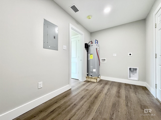 clothes washing area with hookup for an electric dryer, visible vents, electric panel, water heater, and wood finished floors