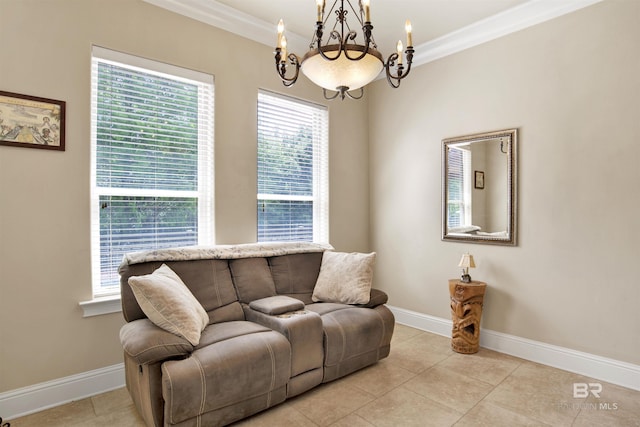 living area featuring crown molding, baseboards, a chandelier, and light tile patterned floors