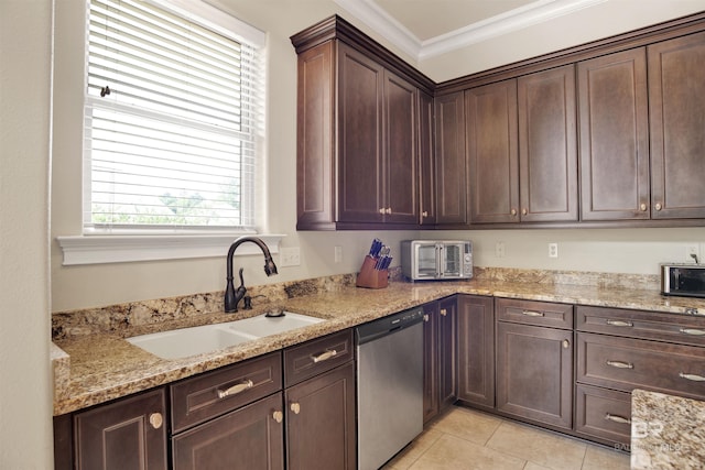 kitchen featuring light stone countertops, ornamental molding, a sink, and dishwasher