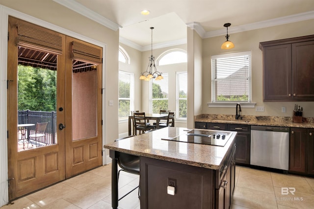 kitchen featuring light tile patterned floors, stainless steel dishwasher, black electric stovetop, and dark brown cabinets