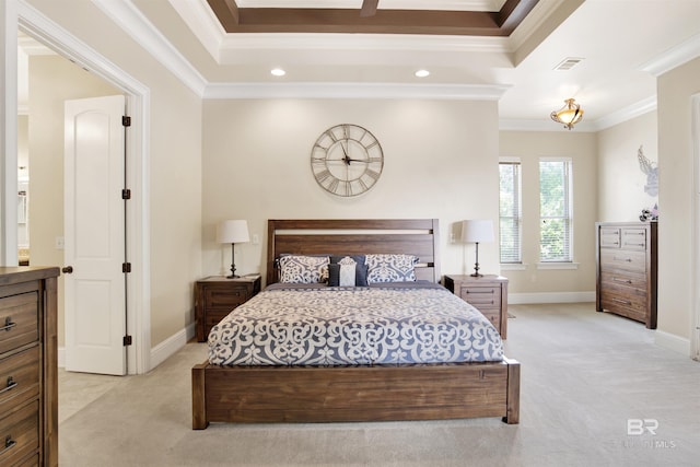 bedroom featuring crown molding, light colored carpet, recessed lighting, baseboards, and visible vents