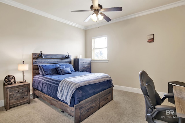 bedroom with crown molding, a ceiling fan, baseboards, and light carpet