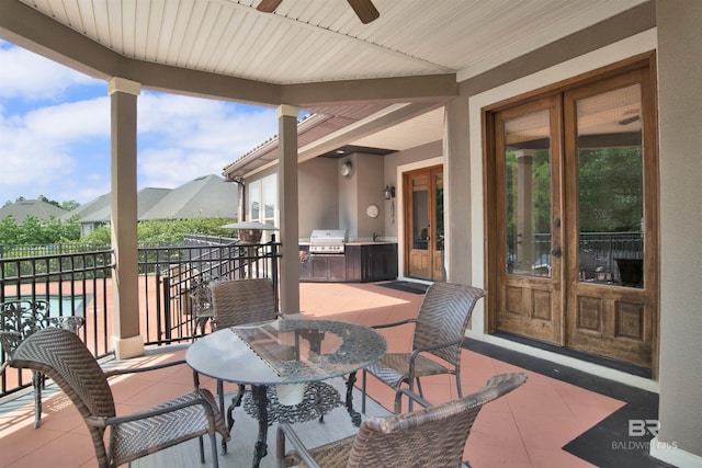view of patio / terrace featuring grilling area, a ceiling fan, area for grilling, and french doors