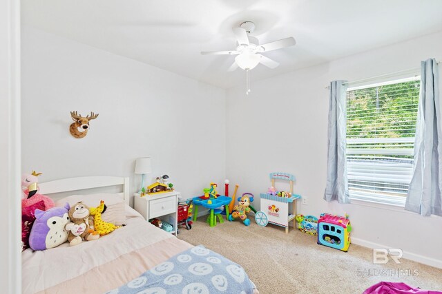 bedroom featuring carpet floors and ceiling fan