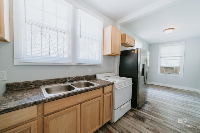 kitchen with stainless steel fridge with ice dispenser, cooling unit, dark wood-type flooring, white range, and sink