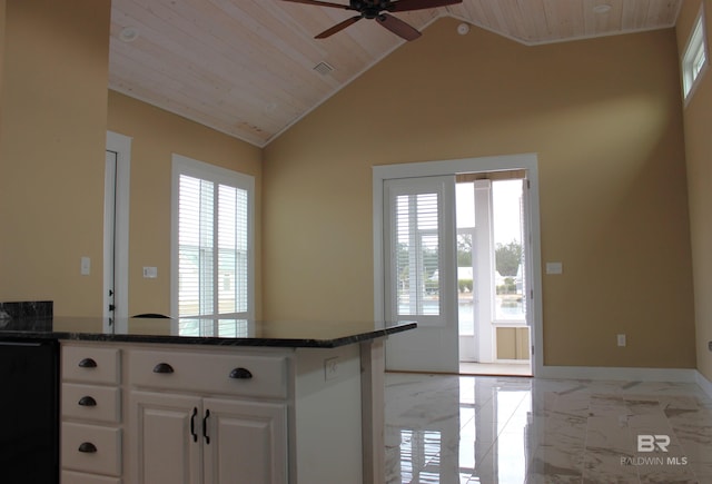 kitchen featuring white cabinets, plenty of natural light, and wooden ceiling
