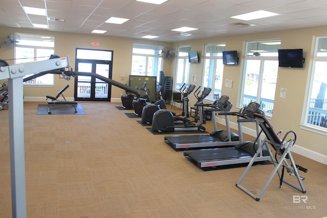 exercise room featuring light carpet and a drop ceiling