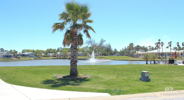 view of property's community featuring a yard and a water view