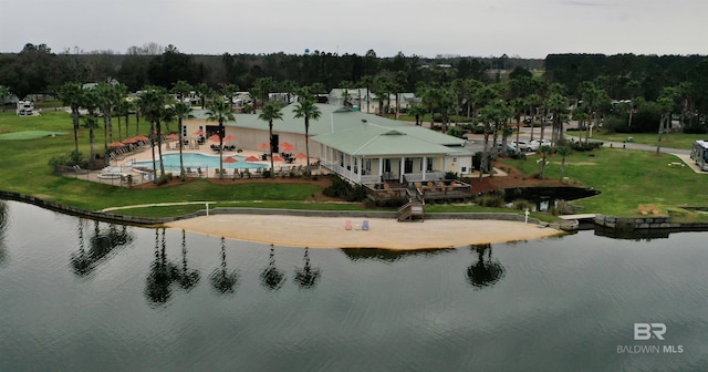 aerial view featuring a water view