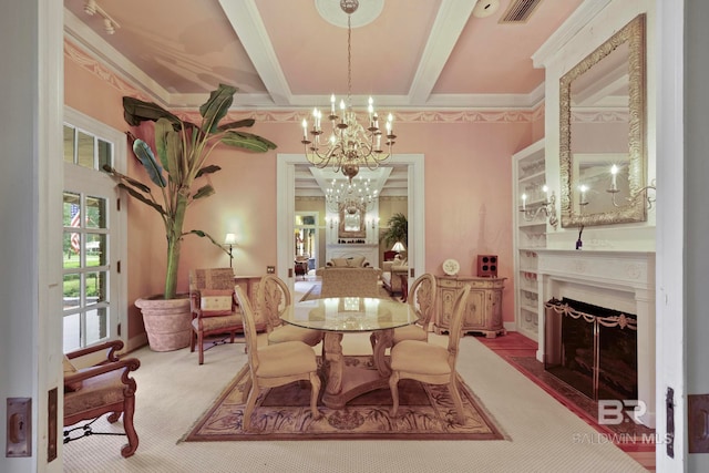 dining area with beam ceiling, a chandelier, and ornamental molding