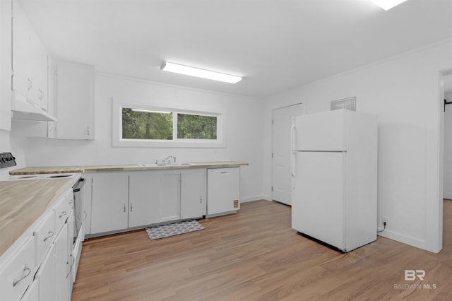 kitchen featuring white appliances, white cabinetry, under cabinet range hood, and light wood-style flooring