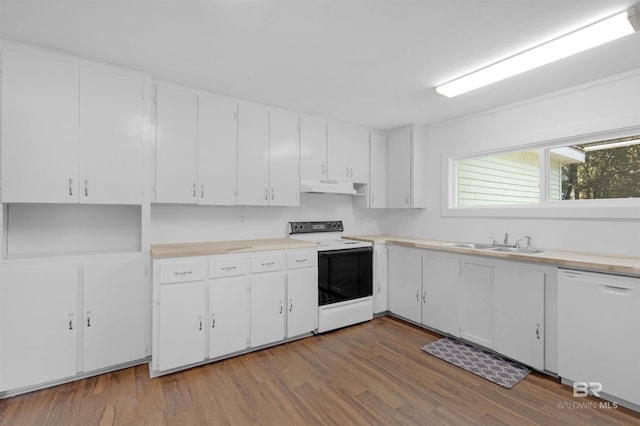 kitchen with light wood-style floors, electric range oven, under cabinet range hood, a sink, and dishwasher