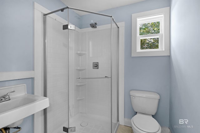 full bathroom featuring a sink, a stall shower, and toilet