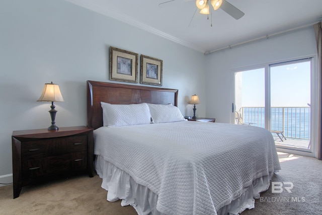 carpeted bedroom with crown molding, multiple windows, access to exterior, and ceiling fan