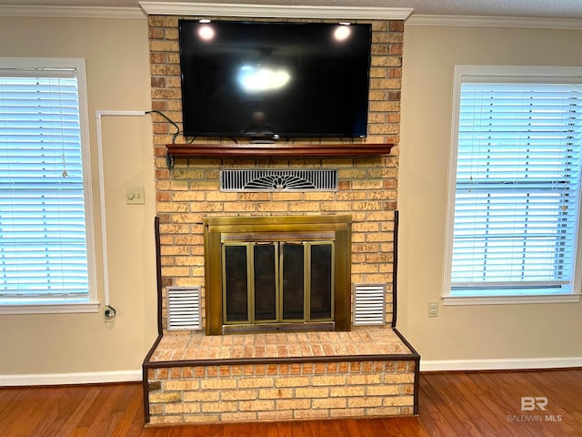 details featuring a fireplace, ornamental molding, and hardwood / wood-style flooring