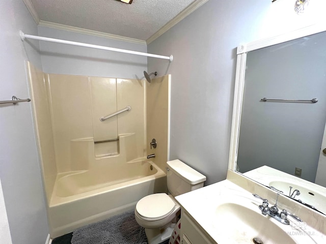 full bathroom with toilet, a textured ceiling, shower / bath combination, crown molding, and vanity