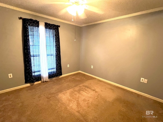 unfurnished room featuring a textured ceiling, carpet, and crown molding