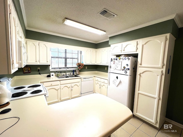 kitchen with white appliances, a textured ceiling, light tile patterned floors, crown molding, and sink